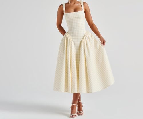 Summer Gingham Long Dress Corset Square Neck Lace Up Casual Sundress Backless A Line Short Dresses for Women4