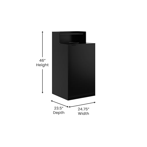 Image of Flash Furniture Dell Trash Can Enclosure with Tray Shelf and 8 inch Drop Hole, Commercial Grade Trash Receptacle for 32 Gallon Round Cans, Swing Door Access, Black