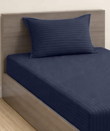 Image of Trance Home Linen 100% Cotton 80x38 inch 200TC Satin Stripe Elastic Fitted Bedsheet | College /Hostel Use Fitted Bedspread with 1 Pillow Cover (80 inchx38 inch | 6.6x3.1 feet, Dark Blue)