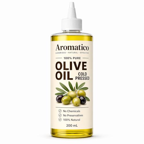 Image of AROMATICO Cold Pressed Olive Oil for Hair Growth & Skin - Olive Hair Oil for Deep Nourishment, Frizz Control & Smooth Shiny Hair | Body Massage Oil | 200ml