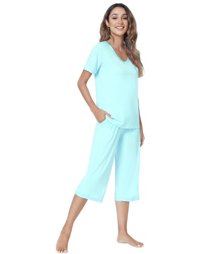 Image of NACHILA Bamboo Viscose Pajamas for Women Lace V Neck Capri Pants Pjs Set