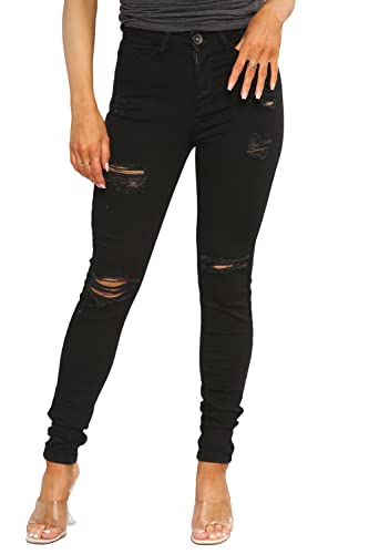 989Zé ENZO EZL417 Womens Jeans Skinny Stretch Ripped Trousers Ladies Denim Slim Fit Pants with Rips Waist Sizes UK 8-20 (12, Black)