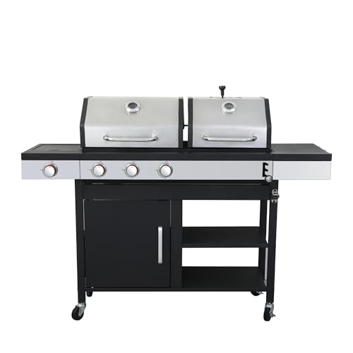 Woodland Grill 3 Burner Dual Fuel BBQ - Gas & Charcoal Barbecue Grill, Side Burner, Integrated BBQ Thermometer, 2 Warming Trays, Adjustable Flame. Propane Gas Regulator Included