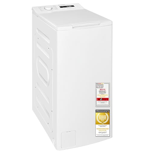 Exquisit Toplader Waschmaschine | 7,5 kg Kapazität, Energieklasse A, 1200 U/Min, 78 dB(A) | schmale Bauform, 15 Programme, Eco 40–60, Kurzprogramm, Startverzögerung, Aquastop | LTO51207-030A weiss