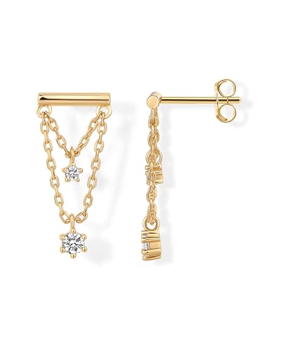 PAVOI 14K Gold Plated 925 Sterling Silver Posts Bar Drape Chain Earrings for Women - Cubic Zirconia Chain Dangle Studs - Drop Dangle Earrings