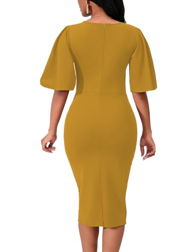 Image of Bdwinz Women's Basic Bodycon Ruffle Flared Short Sleeve Pencil Midi Dress