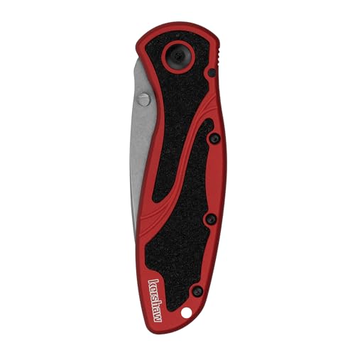 Image of Kershaw Blur Folding Pocket Knife, 3.4 inch Stonewashed 14C28N Steel Blade, Red Anodized Aluminum Handle with Black Trac-Tec Inserts, Reversible Pocketclip; 3.9 OZ