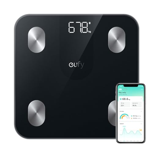 eufy Weighing Scales for Body Weight, Digital Bathroom Scales with Bluetooth, Body Fat Scales, 12 Measurements, Weight/Body Fat/BMI, Fitness Body Composition Analysis, Black, lbs/kg, Smart Scale A1