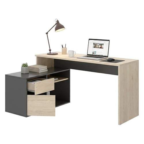 Dmora - Bureau Gardena, bureau multi-positions pour bureau ou chambre, table d'étude d'angle polyvalente, 139 x 92 h75 cm, chêne et anthracite