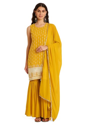 Image of SHOPPING QUEEN Women's Georgette Straight Kurta Sharara Set with Dupatta