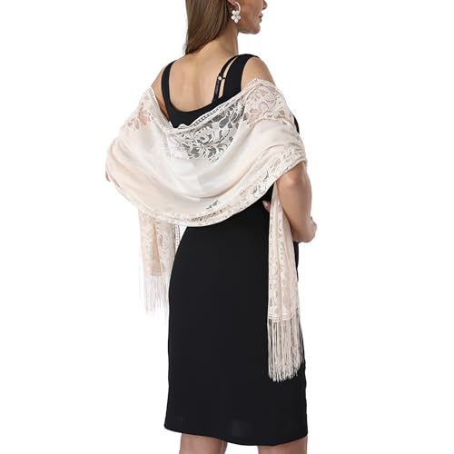 vimate Lace Floral Shawlsfor Women-Spring Lightweight Beige Fringe Shawls And Wraps for Weddings Bridesmaid Evening Dresses (Style 1-Beige)