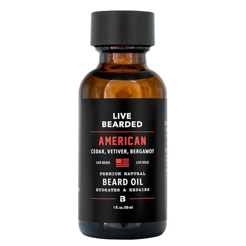 Live Bearded Beard Oil, 1 fl oz - Premium All-Natural Jojoba - Made in the USA - Hair and Skin Care for Men with Dry, Flaky Patches | American Scent - Cedar, Vetiver, Bergamot