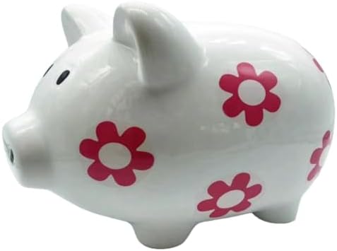 Cofre de Porquinho em Porcelana Com Flores 22x18cm (Branco)