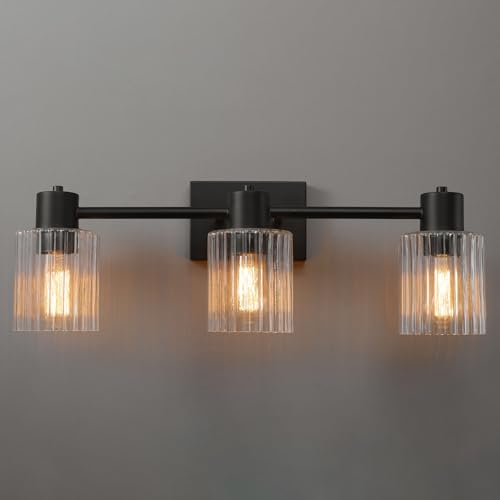 Image of Globe Electric 3-Light Vanity Light, Matte Black, Clear Ribbed Glass Shades