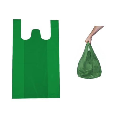 Obulco Suministros Bolsas Plástico con Asas y Resistentes 70% Recicladas y Reciclables - Galga 200 - Bolsa Tipo Camiseta 30x40 Apta Para Uso Alimentario - 100 unidades (42X53_VERDE_50)