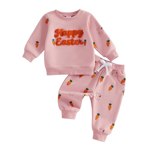 BeQeuewll Baby Girl Easter Outfit Happy Easter Sweatshirt Jogger Pants Infant Toddler Girls Pink Outfits Set (Happy Easter, 12-18 Months)