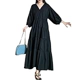 [J-Scott] 【在庫限り】[ジェイスコット] ティアード ワンピース ロング丈 レディース Vネック 七分袖 フレア ボリュームスリーブ 無地 ブラック JS154-BK-XL