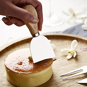 kuou 4Pcs Cheese Knife Set, Stainless Steel Cheese Knives Cheese Fork Cheese Shovel with Oak Handle for Parties and Picnics - Image 6