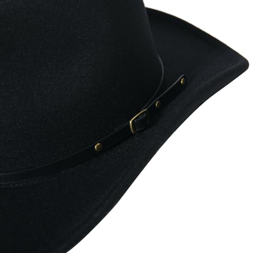 Image of Willheoy Classic Western Cowboy Hat Cowgirl Hat Unisex Men's & Women's Wide Brim Felt Fedora Hat Flat Top Hat with Buckle Belt, 7 1 /4-7 1 /2, Black 2#