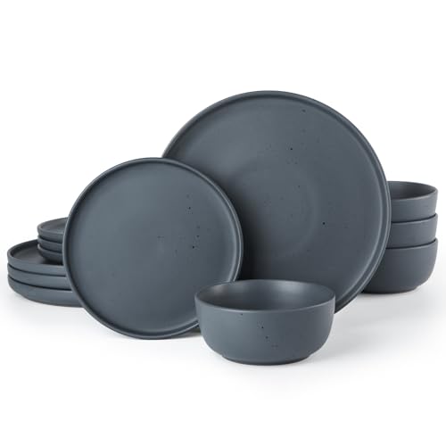 Famiware Dawn Plates and Bowls Sets, 12 Pieces Stoneware Dinnerware Sets, Dishes Set for 4, Microwave and Dishwasher Safe, Charcoal Famiware Dawn Plates and Bowls Sets, 12 Pieces Stoneware Dinnerware Sets, Dishes Set for 4, Microwave and Dishwasher Safe, Charcoal