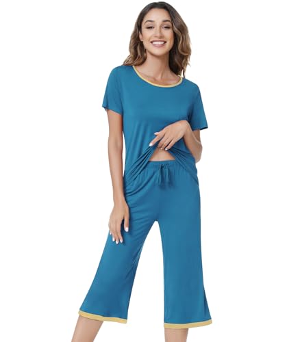Image of NACHILA Pajamas for Women-Viscose Made from Bamboo,Satin Crew Neck Pajama Sets Short Sleeve Pjs with Capri Pants