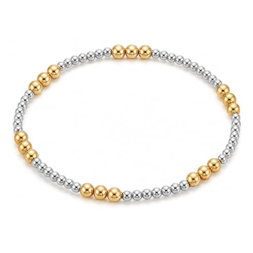 PPVWEY Bracelet bicolore extensible pour femme en acier inoxydable avec perles dorées et argentées - Hypoallergénique - Ne ternit pas, Grand, Métal, Pas de pierre précieuse