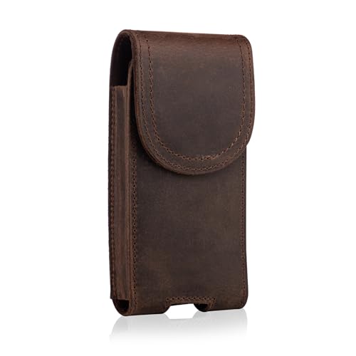 Hengwin Funda de Cuero Genuino para teléfono Celular, Compatible con iPhone 16, 15, 14, 13 Pro, Samsung Galaxy S25, S24, S23, con Cierre magnético y Clip para cinturón (café)