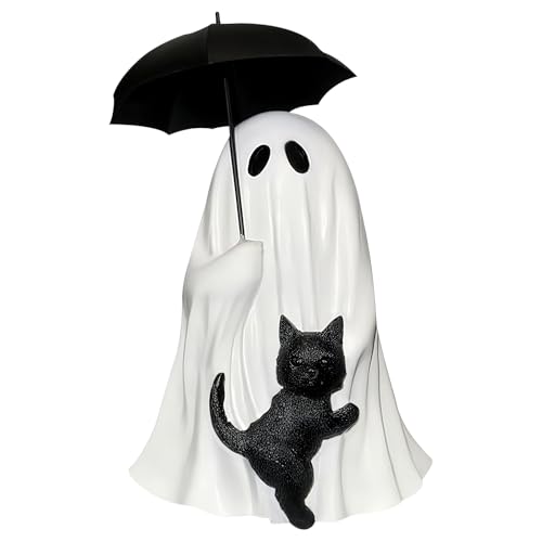 YYPLIAN Ghost Holding Black Cat Statue Halloween Ghost Figurines, Ghost Cat with Umbrella Figure for Home Tabletop Funny Decoration (Ghost Holding Umbrella)