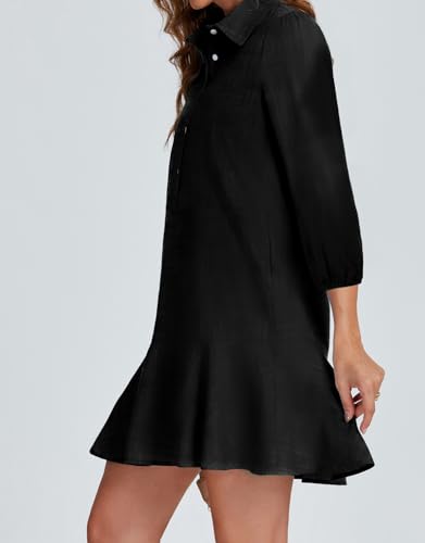 Image of YEXPINE Women Button Down Dress Casual 3 /4 Puff Sleeve Cotton Linen Dress Flowy Ruffle Hem Tunic Shirt Dresses