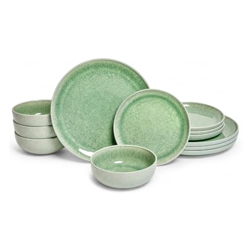 Sango Asher 12-Piece Stoneware Dinnerware Set for 4, Green Ceramic Plates and Bowls Sets, Modern Dish Set with Reactive Glaze, Durable Kitchen Dishes for Casual Dining, Microwave & Dishwasher Safe