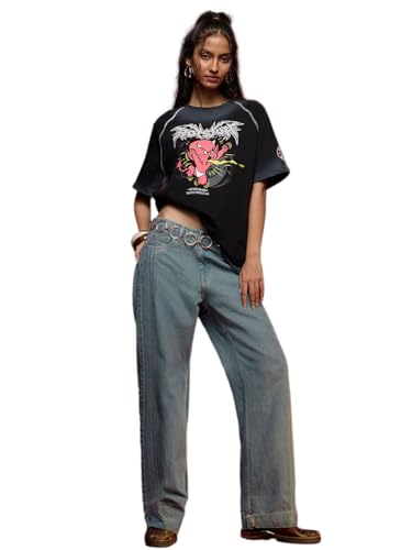 Image of The Souled Store Straight-Fit Denim: Sapphire Women and Girls Buttoned Blue Solid Lightly Washed Straight Fit Cotton Jeans