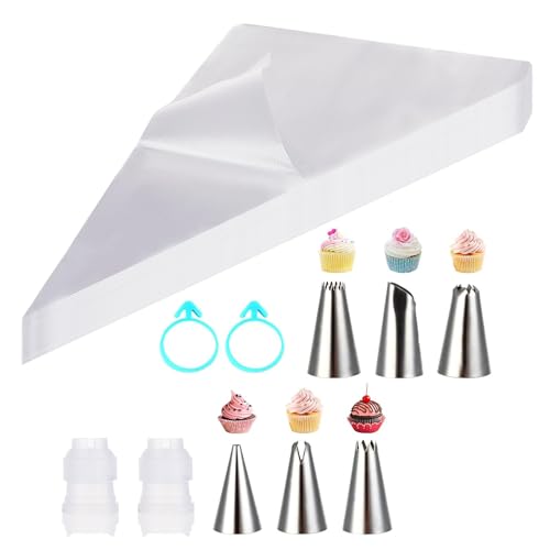 Funngy Piping Bag Set, 6pcs Stainless Steel Nozzles, 30cm Plastic Piping Bags for Icing, Cream, Mashed Potatoes & More