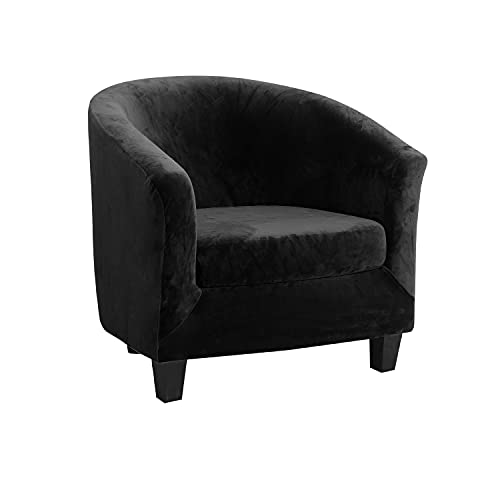 TOPCHANCES Velours Housse de Fauteuil Club Ensemble de Deux Pièces Housse de Fauteuil Extensible Housse Fauteuil Salon Fauteuil Cabriolet Tub Chair avec Housse de Coussin (Noir)