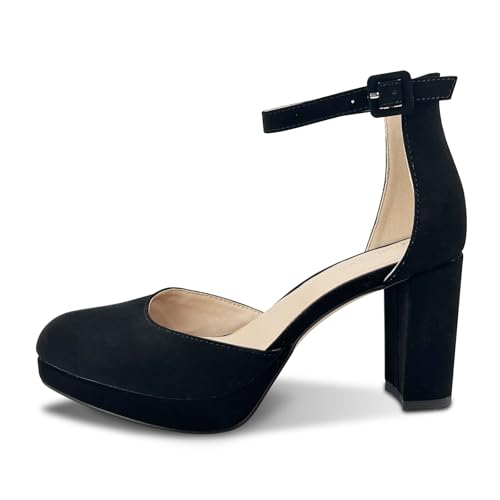 Chunky Closed Toe Heels for Women, Women's Platform Chunky Heels Closed Toe Block Ankle Strap Dress Buckle Round Toe Wedding Party Comfortable Pumps Shoes2