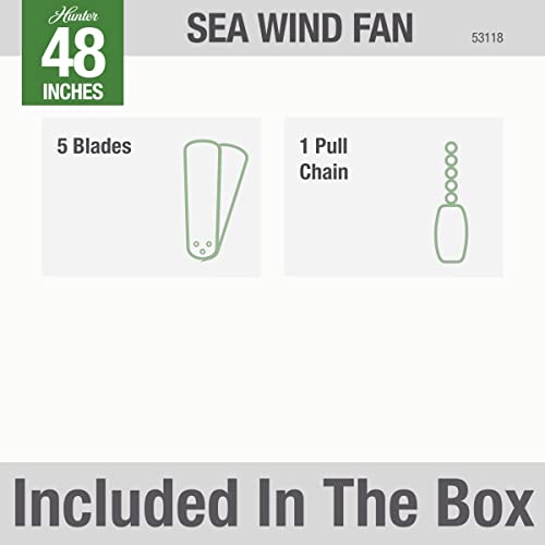 Hunter 48 inch Outdoor or Indoor Ceiling Fan No Light - Low Profile Mount, Black Ceiling Fan without Light, For Patio, Porch, Garage, or Living Room, 5 Blades, Pull Chain - Sea Wind 53118, Matte Black thumbnail 5
