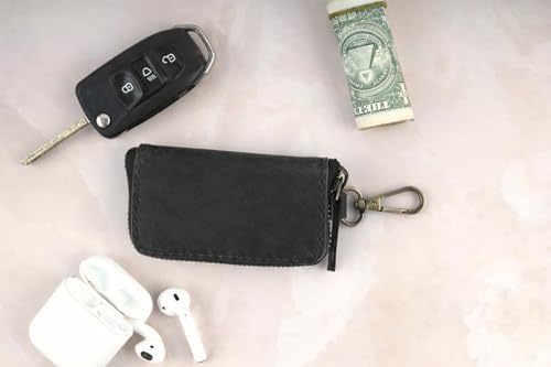 Image of Handmade Full Grain Leather Car Key Holder & Zippered Coin Purse | Belt Loop Key Chain, Compact Earphone Holder Multi-Functional Money Purse Elegant Leather Accessory Versatile Key Organizer (Black)