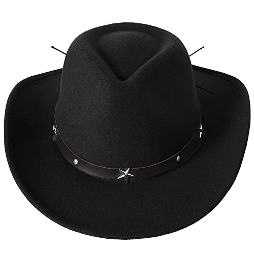 Vintage Western Cowboy Hat For Women Jazz Panama Cowgirl Hat Wide Brim Felt Fedora With Star Punk Leather Belt 22"-22.75" Black #TOP1