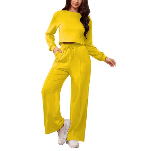 PINSV Women's 2 Piece Outfits Sweatsuit Set Long Sleeve Crop Top Drawstring Wide Leg Pants with Pockets Tracksuits Casual Set4