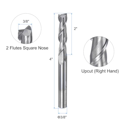 Image of uxcell Carbide Square End Mill, 3 /8 inch Diameter Uncoated 2 Flutes Milling Bit Cutter, for Aluminum Copper Non-Ferrous Metal, 3 /8 inch Shank 2 inch Cut Length 4 inch Extra Long