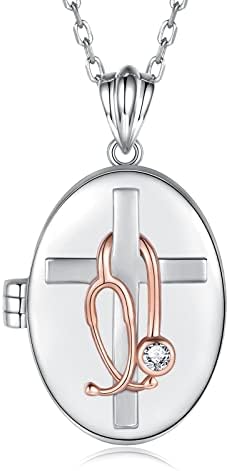 MANBU Sterling Silver Medicine Pendant Jewelry: Stethoscope Cross Faith Heart Necklace for Women Nurse Doctor Graduation Gift for Medical Student (stethoscope locket necklace)