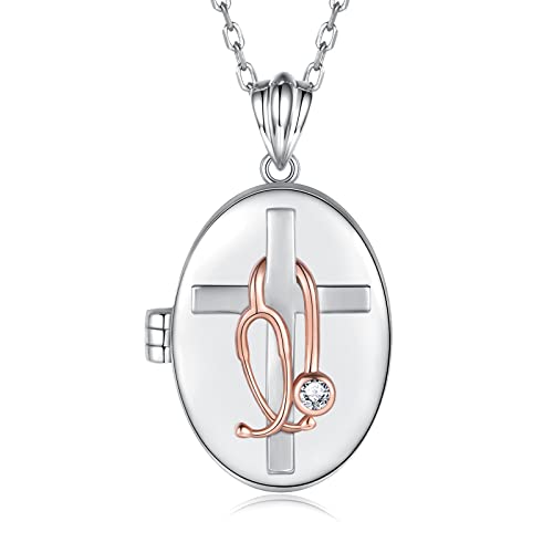 Manbu Sterling Silver Medicine Pendant Jewelry: Stethoscope Cross Faith Heart Necklace For Women Nurse Doctor Graduation Gift For Medical Student (Stethoscope Locket Necklace) #TOP7