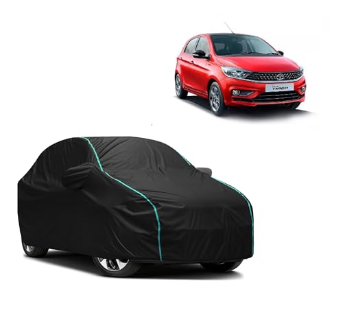 Image of 100% Car Cover for Tiago Waterproof, Lab Tested Washable Fabric | UV Protection, Rust Prevention & Dustproof |Black /Aqua Pipping