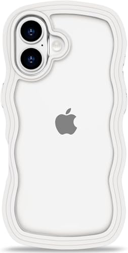 Image of GoldKart iPhone 16 Plus Case Wavy Edge Clear Back Design, Anti-Slip Grip Cute Wave Curly Frame Shape Shockproof Soft TPU & Hard PC Bumper Protective Phone Case Cover for Women Girls - White