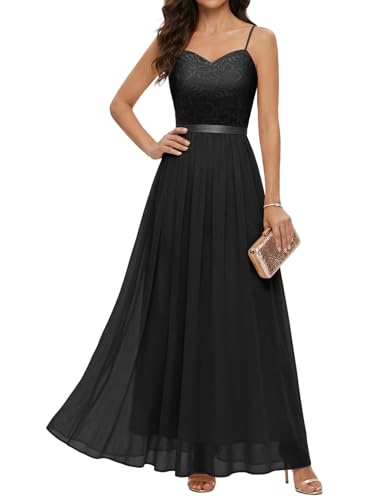 DRESSTELLS Abendkleider Elegant für Hochzeit Schwarz Festlich Ballkleid Damen Lang Brautkleid Standesamt Brautjungfernkleider mit Spaghettiträger Jugendweihe Kleider Black M