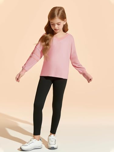 Image of Haloumoning Girls Sweatshirt Casual Long Sleeve V Neck Cute Tops Kids Oversized Tshirts with Thumbholes 4-14Y Pink, 5-6 Years