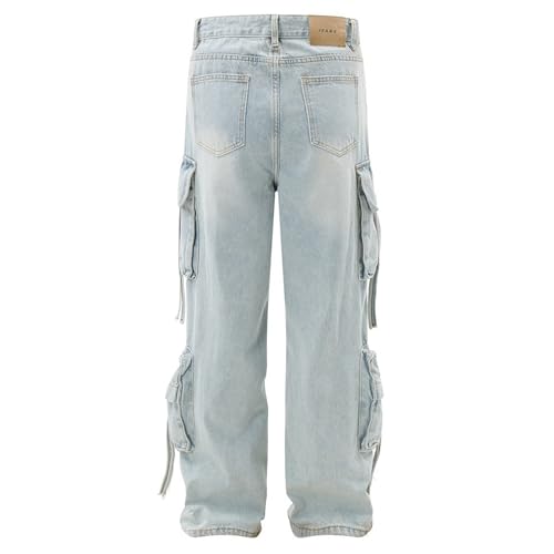 XYXIONGMAO Men's Blue Denim Heavy Washed Multi-Pocket Cargo Pants Functional Hip Hop Techwear Streetwear Slacks Jeans3