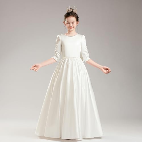 Satin Flower Girl Dress Long Sleeve A-Line Elegant Pageant Dresses Kids Pearls Prom Party Gown with Bow-Knot4