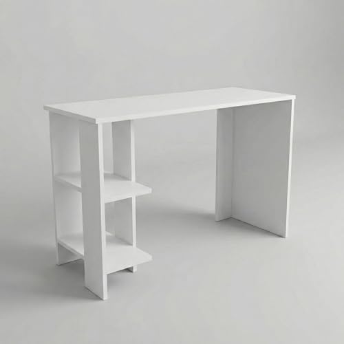 Image of Breeze Minimalist Study Table with 2-Tier Side Shelves, Modern White Computer Desk for Home Office & Students, 100x50x77cm (Arctic White)