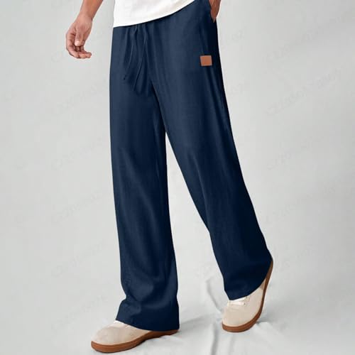 Men's Drawstring Cotton Linen Pants Lightweight Elastic Waist Sweatpants Casual Yoga Beach Pants with Pocket Loose2