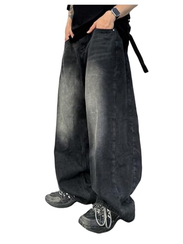 Verdusa Men's Grunge Wide Leg Baggy Jeans Vintage Denim Pants with Pockets
